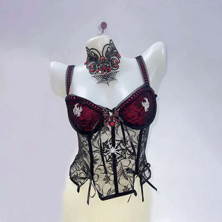 V neck bowknot spider applique cross pattern cami top