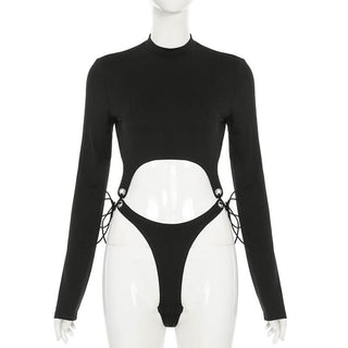 High neck long sleeve hollow out self tie bodysuit
