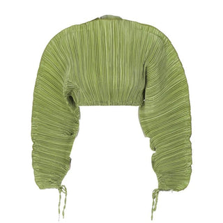 Textured solid high neck long puff sleeve self tie top