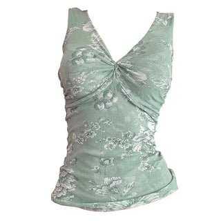 V neck ruched flower print tank top