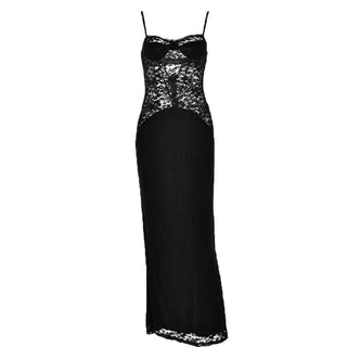 Button slit zip-up solid lace low cut maxi dress-final-sale