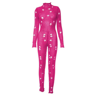 Crochet hollow out high neck lace up solid jumpsuit-final-sale