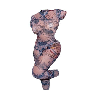 Short sleeve button print backless sheer mesh jumpsuit