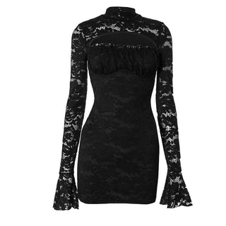 Long flared sleeve hollow out ruched lace cut out mini dress