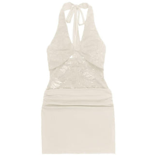Halter self tie hollow out lace ruched cut out mini dress