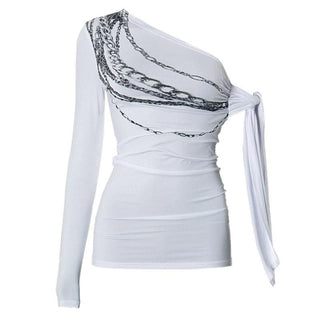Irregular long sleeve chain print one shoulder top