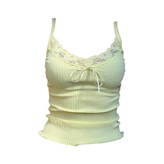 V neck bowknot lace hem ribbed cami top