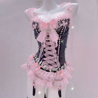 Ruffle bowknot v neck skull applique self tie cami top