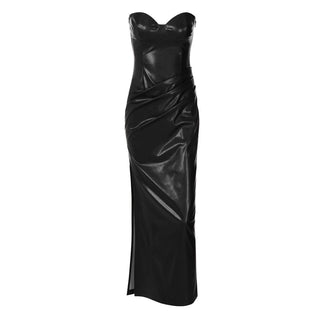 Slit zip-up PU leather pleated tube midi dress