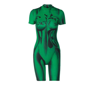Contrast print high neck short sleeve zip-up romper