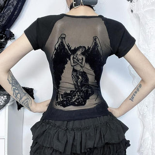 Short sleeve round neck print mesh top