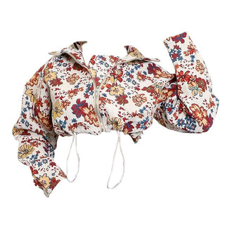 Zip-up long sleeve drawstring flower print top