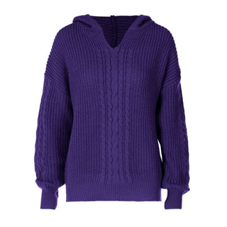 Hoodie long sleeve knitted solid v neck top-final-sale