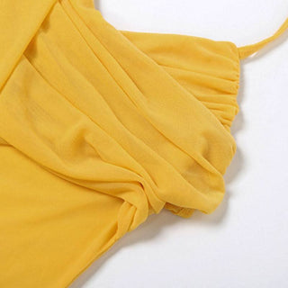 Irregular mesh v neck ruched solid cami maxi dress