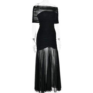 Off shoulder ruched mesh patchwork solid maxi dress-final-sale