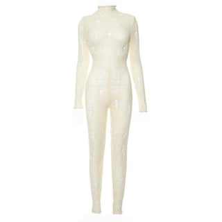 Crochet hollow out high neck lace up solid jumpsuit-final-sale