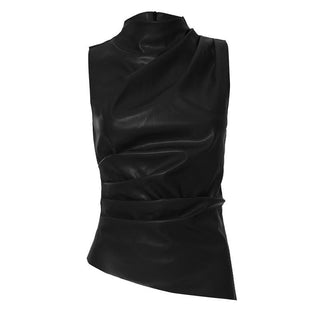 High neck zip-up PU leather irregular ruched top