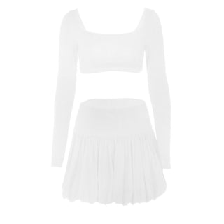 Long sleeve square neck ruched solid mini skirt set