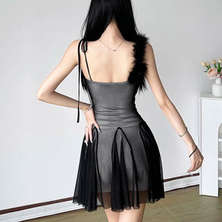 Feather self tie mesh v neck cami mini dress