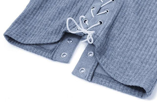 Long sleeve hollow out lace up textured round neck cut out top