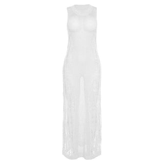 Crochet solid sleeveless see through round neck maxi dress-final-sale