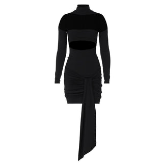 High neck long sleeve ruched hollow out cut out mini dress
