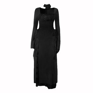 Long sleeve slit square neck lace ruched maxi dress