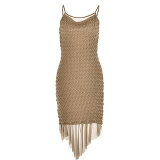 Textured mesh solid ruched irregular cami midi dress - Final Sale