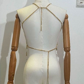 Metal chain beaded hollow out backless cut out top