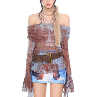 Long sleeve mesh print off shoulder ruched top