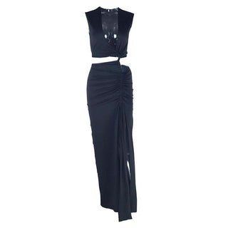 Irregular ruched slit hollow out v neck cut out maxi dress