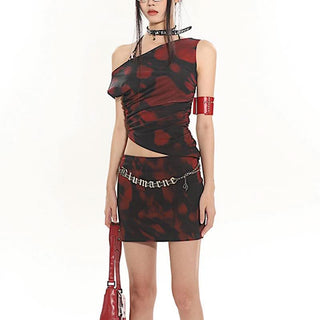 Irregular print ruched one shoulder contrast top