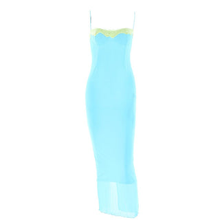 Lace hem patchwork mesh slit cami midi dress