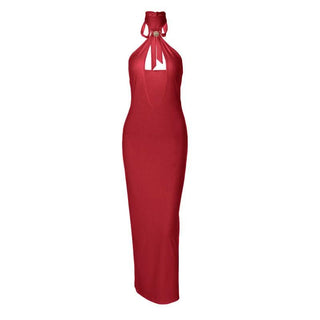 Self tie halter hollow out backless cut out midi dress