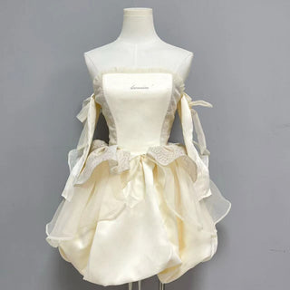 Embroidery ruffle gloves bowknot lace up tube mini dress