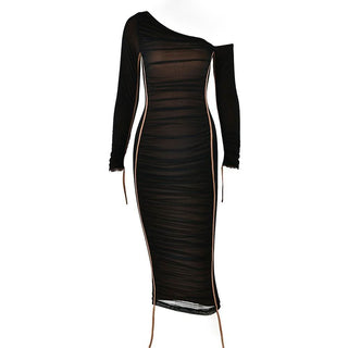 Long sleeve one shoulder ruched stitch mesh midi dress-final-sale