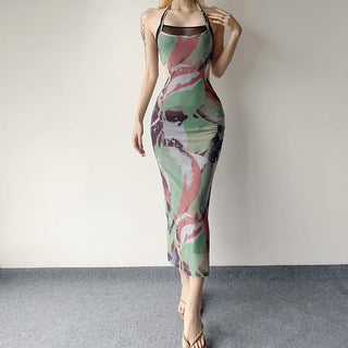 Halter self tie contrast print sheer mesh backless hollow out cut out maxi dress