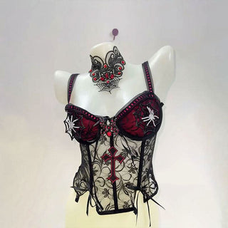 V neck bowknot spider applique cross pattern cami top