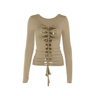 Long sleeve hollow out v neck self tie solid cut out top