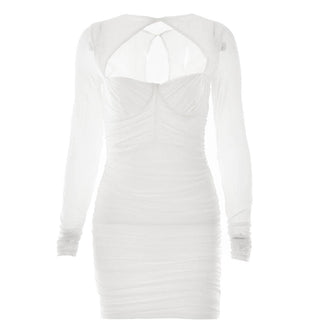 Hollow out ruched mesh long sleeve zip-up button cut out mini dress