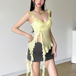 U neck ruffle slit sheer mesh solid cami top
