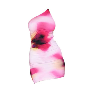 One shoulder ruched print gradient mini dress