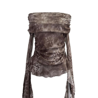 Long sleeve mesh print off shoulder ruched top