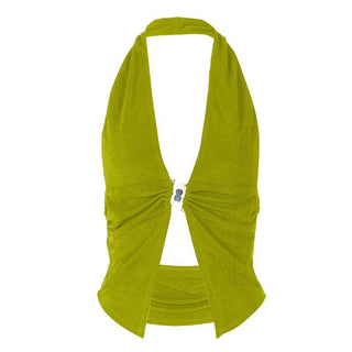 Halter deep V neck beaded ruched slit top