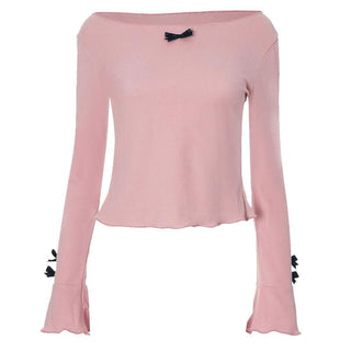 Long flared sleeve round neck bowknot textured top