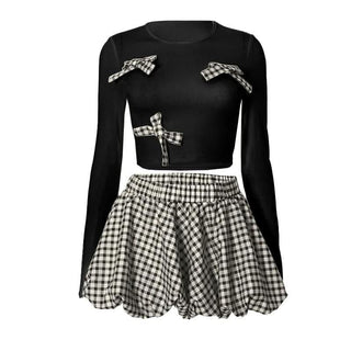 Bowknot long sleeve crewneck plaid mini skirt set
