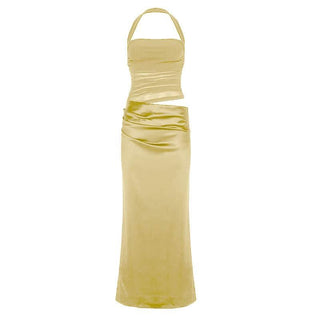 Halter square neck ruched zip-up solid maxi dress