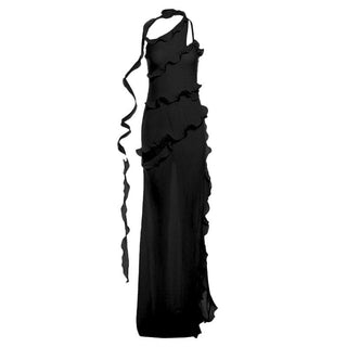 One shoulder ruffle irregular high slit maxi dress