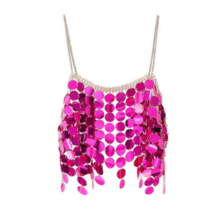 Metal chain glitter v neck hollow out cami cut out top