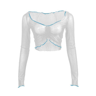 Long sleeve stitch sheer mesh ruffle crop top